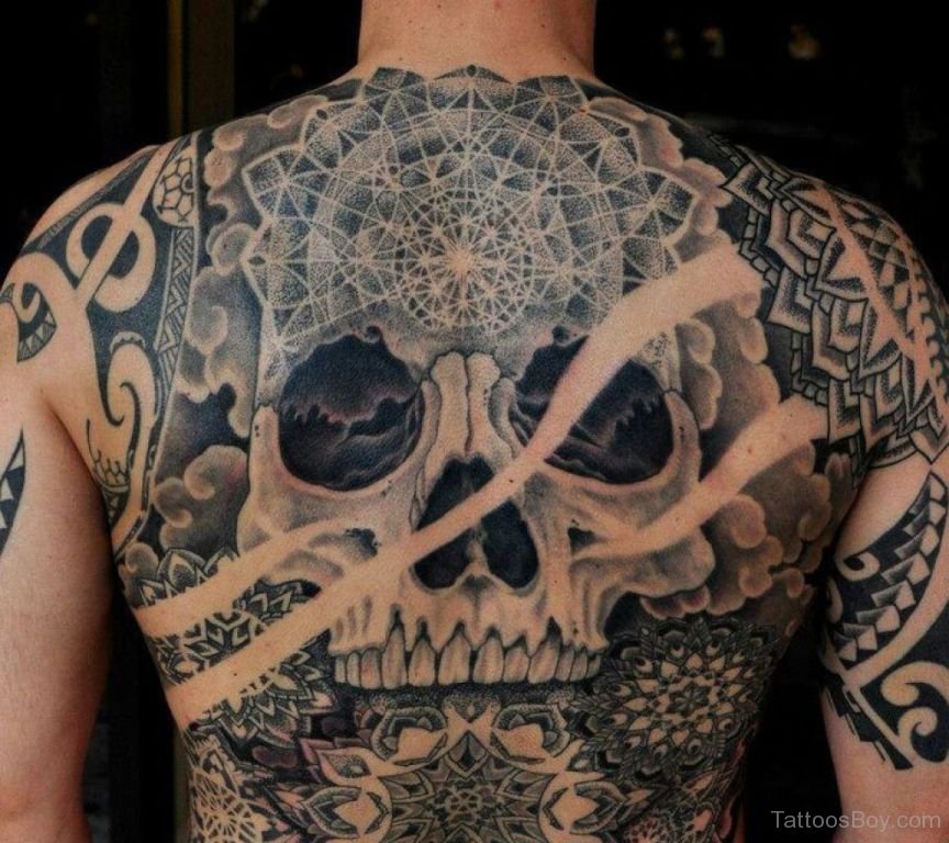 Grey Inked Skull Tattoo On Back Tattoo Designs, Tattoo Pictures