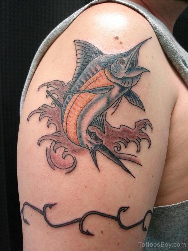 Tattoo of a mechanical swordfish with spinning boat propellers on Craiyon