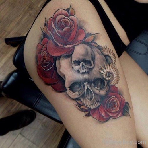 Skull And Rose Tattoo On Thigh