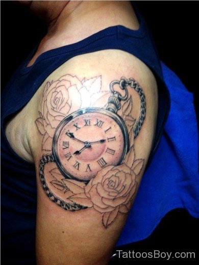 Clock And Rose Tattoo On Shoulder-Tb12037