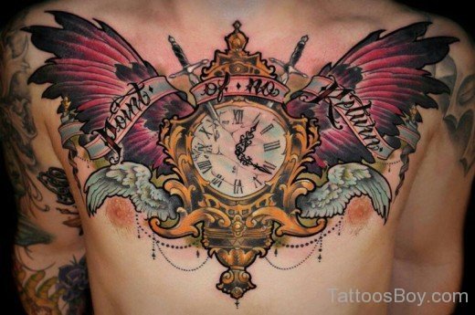 Wings And Clock Tattoo On Chest-TB12147