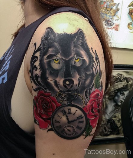 Wolf And Clock Tattoo On Shoulder-TB12149