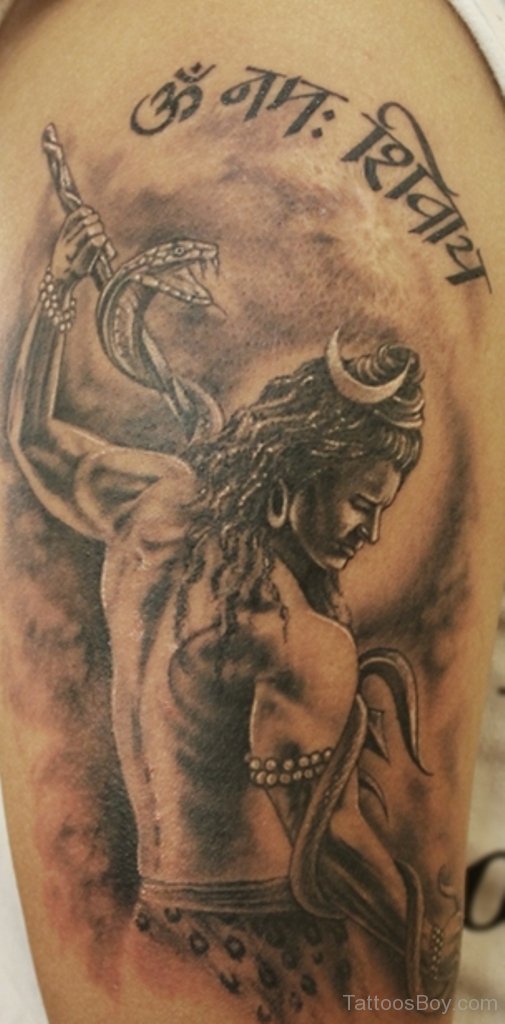 Black Ink Shiva Trishul Tattoo On Right Shoulder By Eternal Expression